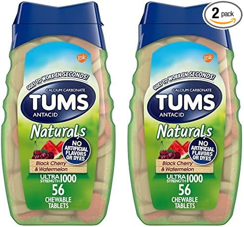 TUMS Naturals Ultra Strength Antacid Chews for Heartburn Relief, Black Cherry & Watermelon - 56 Count (Pack of 2)