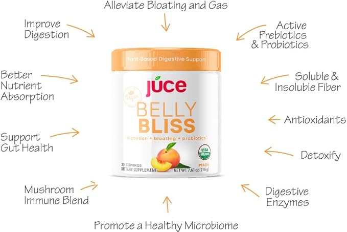 Júce Belly Bliss, Peachy Greens, 30 servings, Probiotics + Greens, Bloating Support with Plant-Based Digestive Enzymes, Dietary Supplement Powder - By Terra Kai Organics