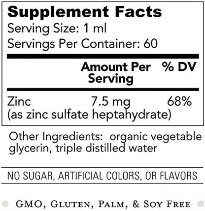 Organic Liquid Zinc Sulfate - Pure Zinc Supplements for Skin Health, Immune System Function and Normal Cell Growth in Adult Men & Women - Non-GMO, Vegan 7.5mg - 2 Fl Oz
