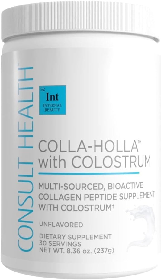 Consult Health Colla-Holla with Colostrum - Vanilla Flavor - Multi Sourced, Bioactive Collagen Peptide Hydrolyzed Powder - Supports Skin, Hair, Nails - 8.36 oz