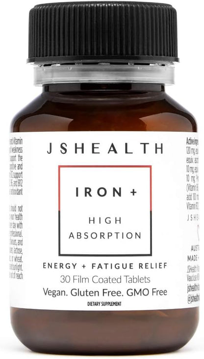 JSHealth Vitamins Iron+ Supplement for Energy Support - Iron Deficiency Pills with Vitamin C and Vitamin B12 - No Nausea - (30 Tablets)