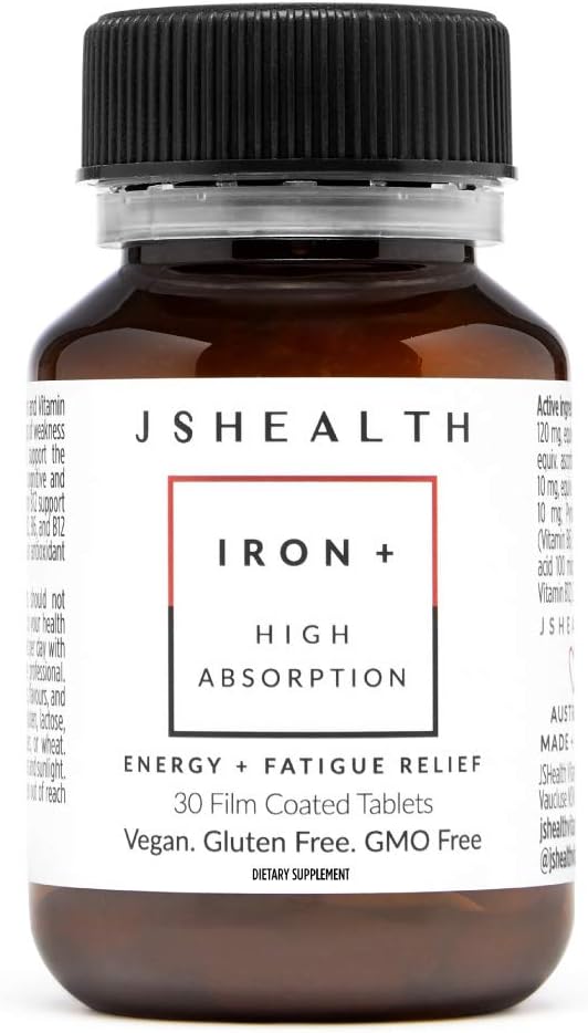 JSHealth Vitamins Iron+ Supplement for Energy Support - Iron Deficiency Pills with Vitamin C and Vitamin B12 - No Nausea - (30 Tablets)