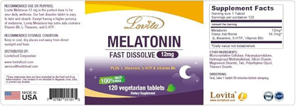Lovita Melatonin 12mg Fast Dissolve | Natural Sleep Aid | 100% Drug-Free | 120 Vegetarian Tablets (Pack of 3)