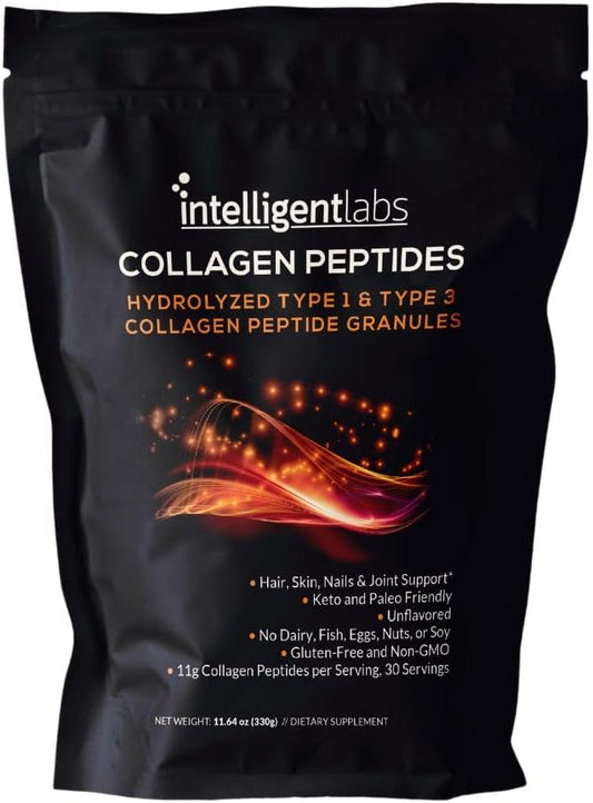 Intelligent Labs Hydrolyzed Type 1 and 3 Collagen Peptide Granules, Collagen Powder Unflavored, Keto and Paleo-Friendly, Third-Party Verified For Purity, 11g per Serving, 30 Servings a Pouch