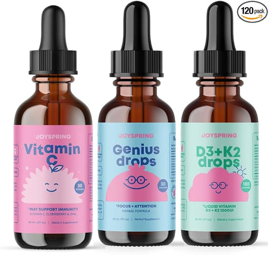 JoySpring Vitamin C + Elderberry Drops + Zinc for Kids Immune Support, Genius Drops for Focus, and Vitamin D for Kids
