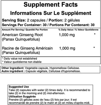 100% Pure Wisconsin American Ginseng Capsules - 500mg. Authentic Panax Quinquefolius. Potent Ground Ginseng Root - No Fillers, Binders or Other Additives.