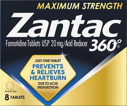 Zantac 360 Maximum Strength Tablets, 8 Count, Heartburn Prevention and Relief, 20 mg Tablets
