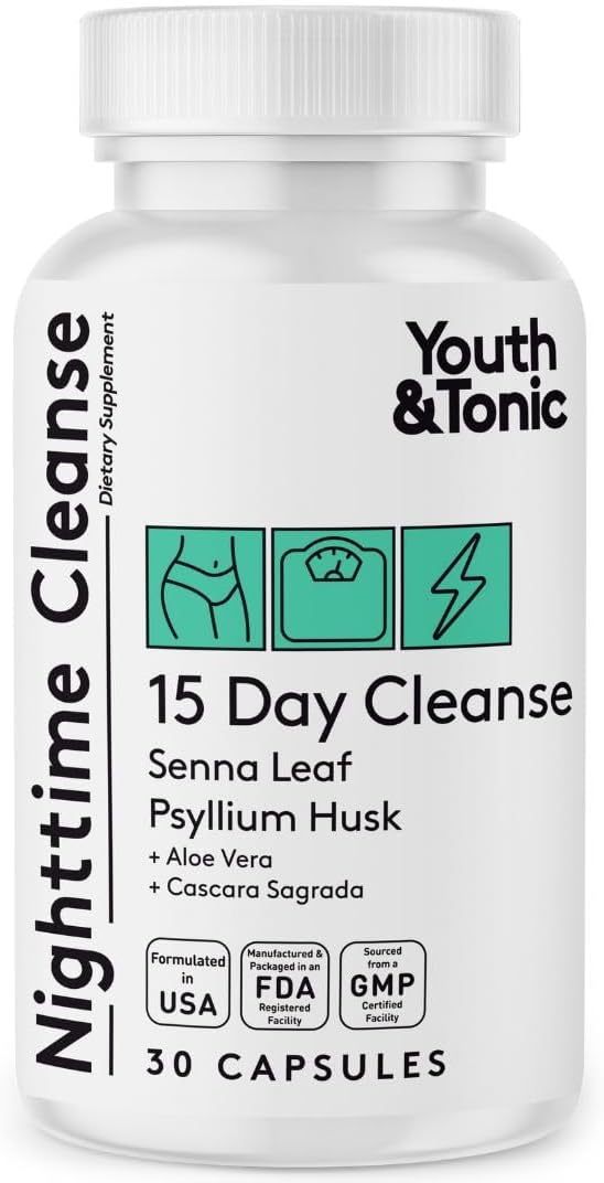 Youth & Tonic Overnight Intestinal Cleanse Supplement - Natural Constipation Relief for Men & Women with Senna Leaf, Psyllium Husk, Cascara Sagrada & Fibre - 30 Capsules. Can Be Strong for Some People