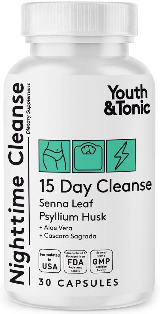 Youth & Tonic Overnight Intestinal Cleanse Supplement - Natural Constipation Relief for Men & Women with Senna Leaf, Psyllium Husk, Cascara Sagrada & Fibre - 30 Capsules. Can Be Strong for Some People