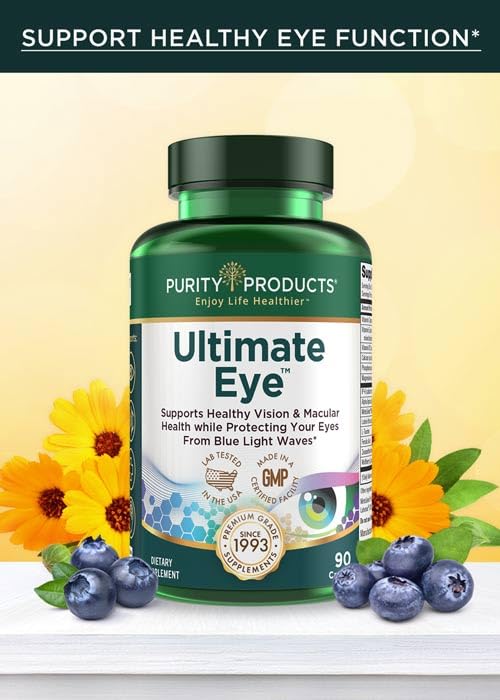 Ultimate Eye Support by Purity Products - 10 mg of Lutein w/Lutemax 20/20, 100 mg of Alpha Lipoic Acid, 2 mg Zeaxanthin Eye Vitamins - Clinically Studied - Blue Light Wave Protection - 90 Capsules