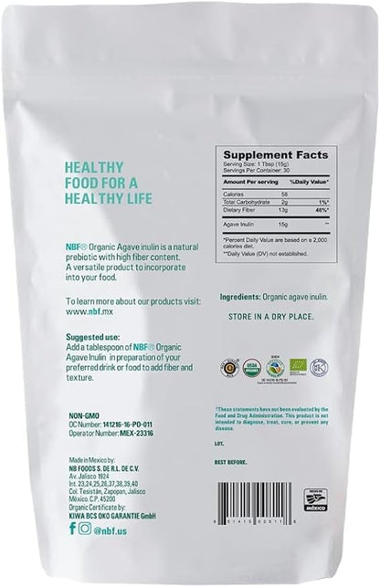 NBF NATURA BIO FOODS - Organic Agave Inulin Powder | Prebiotic Fiber Supplement | Gut Support | No Flavor or Aftertaste | Vegan & Keto Friendly | 16 Oz, 1 Pound (Pack of 1)