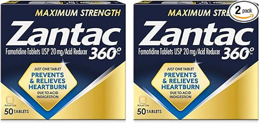 Zantac 360 Maximum Strength Heartburn Prevention and Relief Tablets, 20 mg Famotidine Pills with Targeted Relief to Control Acid Before Heartburn Starts, 50 Count (Pack of 2)