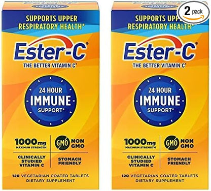 Ester-C Vitamin C 1000 mg Coated Tablets, 120 Count, Immune System Booster, Stomach-Friendly Supplement, Gluten-Free (Pack of 2)