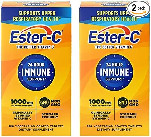 Ester-C Vitamin C 1000 mg Coated Tablets, 120 Count, Immune System Booster, Stomach-Friendly Supplement, Gluten-Free (Pack of 2)