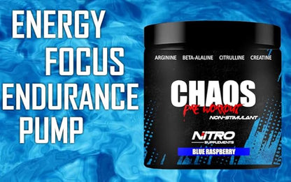 Nitro Supplements - Chaos - Non Stim Pre-Workout (30 Sevings) Beta-Alanine, L-Citrulline, Arginine, Creatine, Taurine Stim-Free Non-Stimulant (30 Servings, Blue Raspberry)