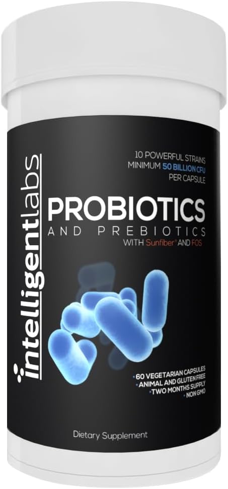 Intelligent Labs 50 Billion CFU Probiotic with Prebiotics, No Refrigeration Needed, with Sunfiber and FOS for 10x More Effectiveness, 60 Days Supply Per Bottle, Third-Party Verified for Purity