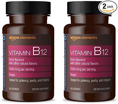 Amazon Elements Vitamin B12 Methylcobalamin 5000 mcg - Normal Energy Production and Metabolism, Immune System Support - 2 Month Supply, Berry Flavored Lozenges, 65 Count (Pack of 2)