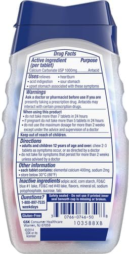 TUMS Ultra Strength Chewable Antacid Tablets for Heartburn Relief and Acid Indigestion Relief, Assorted Berries - 72 Count (Pack of 2)