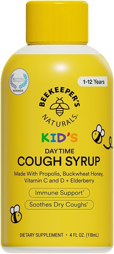 Beekeeper's Naturals Propolis Honey Cough Syrup Daytime for Kids Immune Support with Elderberry, Vitamin C, Vitamin D & Raw Honey - Throat Soothing - Gluten Free & Clean Ingredients, 4 oz.