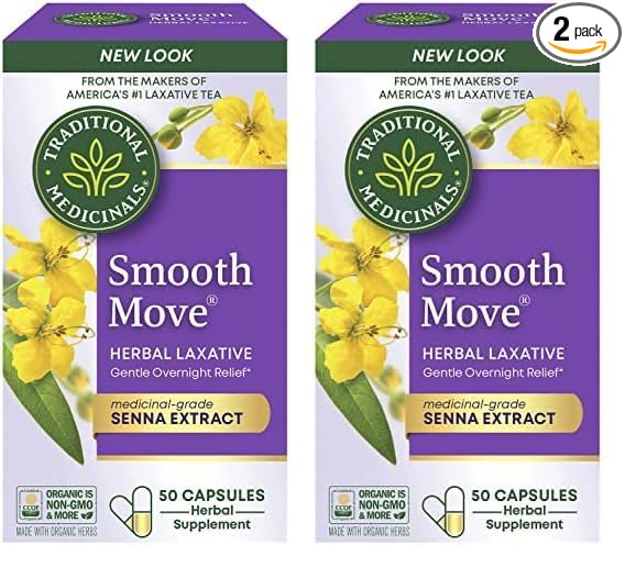 Traditional Medicinals Smooth Move Senna Laxative Capsules, Natural Herbal Constipation Relief, 50 Capsules (Pack of 2)