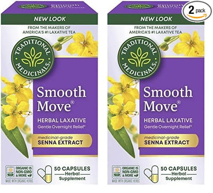 Traditional Medicinals Smooth Move Senna Laxative Capsules, Natural Herbal Constipation Relief, 50 Capsules (Pack of 2)