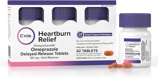 C’rcle Omeprazole 20mg Tablets (42 Ct, Three 14 Day Courses) Delayed-Release Heartburn Medicine - Daily Use Acid Reducer for Frequent Heartburn Relief & Acid Reflux Relief - Antacid Pills