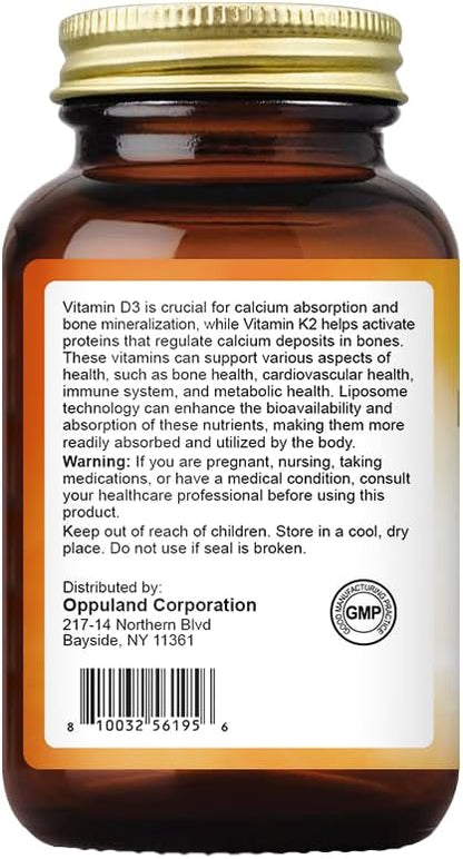 Vitamin D3 + K2 5000 IU - Liposomal Technology for Enhanced Absorption - MK-7 Vitamin K2 100mcg - Supports Bone & Calcium Metabolism - D3K2 Supplement for Men & Women - 180 Softgels