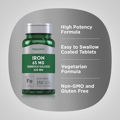 Piping Rock Iron Ferrous Sulfate 65 mg | 250 Tablets | Iron Supplement | High Potency Formula | Vegetarian, Non-GMO, Gluten Free
