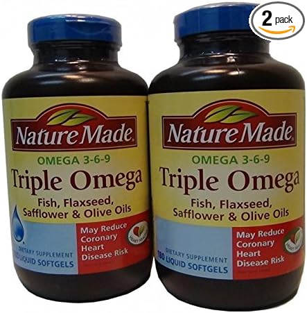 Nature Made Triple Omega 3 6 9 - Fish, Flaxseed, Safflower & Olive Oils - 2 Bottles, 180 Softgels Each