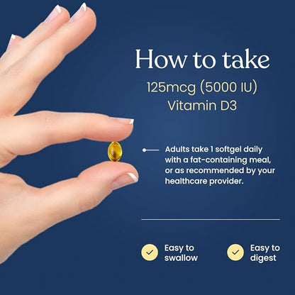 Better Way Health Vitamin D3 5000 IU – High Potency Softgel Vitamin D Supplement for Immune & Bone Health – Non-GMO, Dairy-Free, 120 Softgels