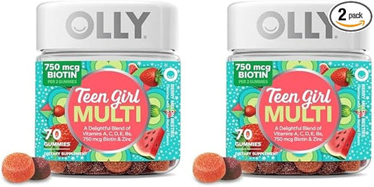 OLLY Teen Girl Multi Gummy, Healthy Skin and Immune Support, 15 Essential Vitamins, Biotin, Zinc, Calcium, Chewable Multivitamin, Berry Melon, 35 Day Supply, 70 Count (Pack of 2)