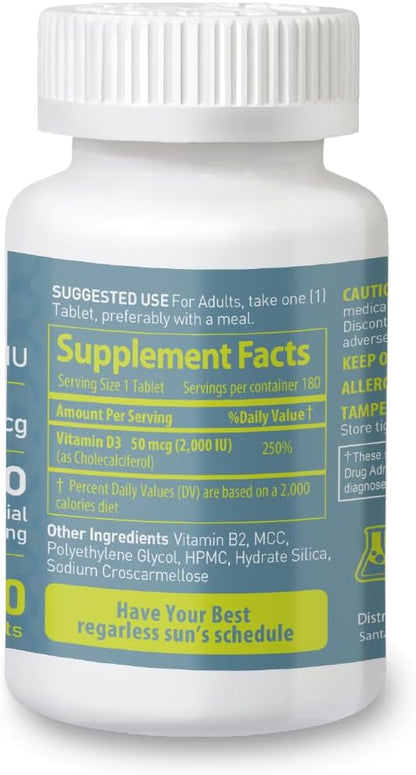 Vitamin D3 2000iu (50 mcg) 6-Months Supply for Immune Support, Healthy Muscle Function, and Bone Health - Non-GMO, Gluten Free, with Vitamin B2 - (Mini Tablets), 180 Count