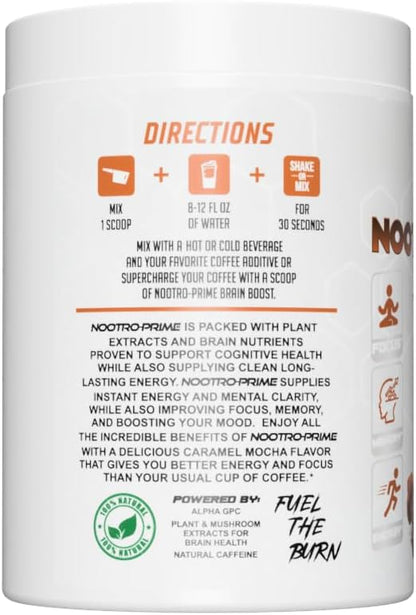GMU SPORT Nootro-Prime Brain Boost - Focus Brain Supplement - Mushroom Supplement Powder with Alpha GPC, Nootropic Brain Supplements for Memory and Focus with Lions Mane, 30 Servings, Caramel Mocha