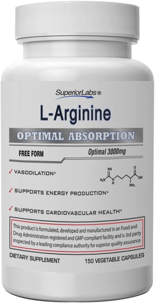 Superior Labs – Pure L-Arginine – Free Form – Optimal 3,000mg Dosage – 150 Vegetable Capsules – Supports Vasodilation, Energy Production and Cardiovascular Health