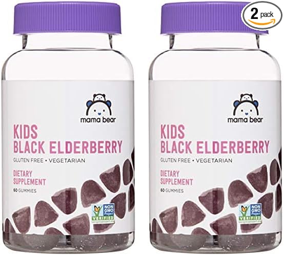 Amazon Brand - Mama Bear Vegetarian Kids Black Elderberry Gummies 300 mg with Vitamins C, D, E and Zinc, Immune System Support, 60 Count (1 to 2 Month Supply), Non-GMO, Gluten Free (Pack of 2)