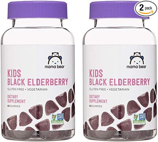 Amazon Brand - Mama Bear Vegetarian Kids Black Elderberry Gummies 300 mg with Vitamins C, D, E and Zinc, Immune System Support, 60 Count (1 to 2 Month Supply), Non-GMO, Gluten Free (Pack of 2)
