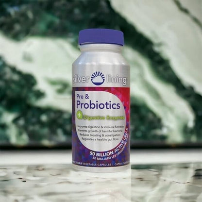 Silver Lining Pre & Probiotics + Digestive Enzymes | 50 Billion CFU/Active Cells | Digestive & Immune Function Support, Reduces Bloating | Shelf-Stable Formula | 120 Count (Pack of 1)