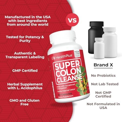 Health Plus Super Colon Cleanse 30 Day Supply of Gentle Gut Cleanse Detox, Psyllium Husk, Probiotics for Constipation Relief & Digestive Support, 120 Capsules