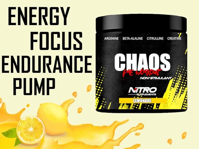 Nitro Supplements - Chaos - Non Stim Pre-Workout (30 Sevings) Beta-Alanine, L-Citrulline, Arginine, Creatine, Taurine Stim-Free Non-Stimulant (30 Servings, Lemonade)