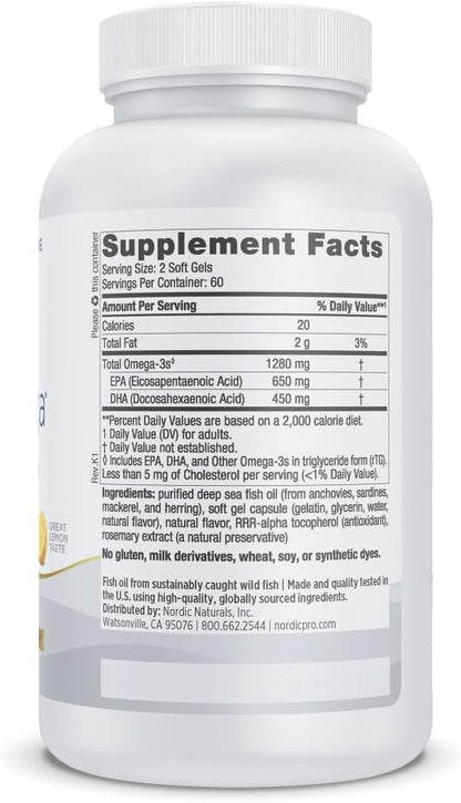 Nordic Naturals ProOmega, Lemon Flavor - 120 Soft Gels - 1280 mg Omega-3 - High Potency Fish Oil with EPA & DHA - Promotes Brain, Eye, Heart, & Immune Health - Non-GMO - 60 Servings
