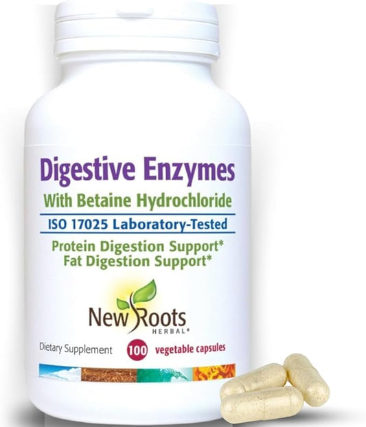 New Roots | Digestive Enzymes with Ox Bile + Betaine Hydrochloride Supplement | Betaine HCL with Pepsin and Papain (100 Capsules) for Fast Nutrient Absorption and Bloating Comfort