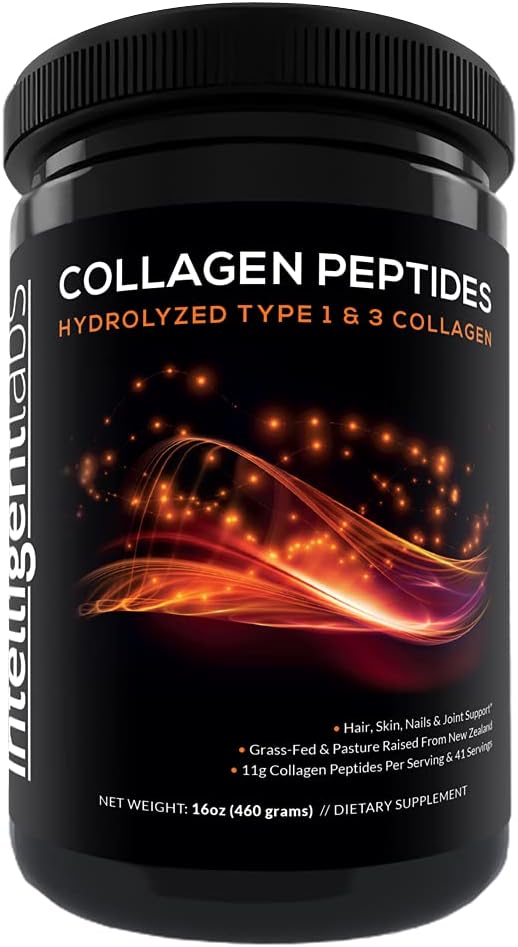 Intelligent Labs Hydrolyzed Type 1 and 3 Collagen Peptides Powder, 100% Cruelty-Free and Grass-Fed Bovine, Supports Healthy Hair, Skin, Nails & Joints, 11g per Serving, 41 Servings a Bottle