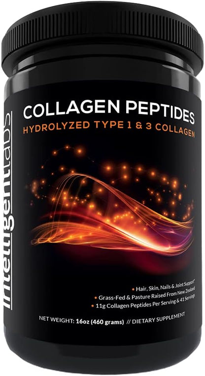 Intelligent Labs Hydrolyzed Type 1 and 3 Collagen Peptides Powder, 100% Cruelty-Free and Grass-Fed Bovine, Supports Healthy Hair, Skin, Nails & Joints, 11g per Serving, 41 Servings a Bottle