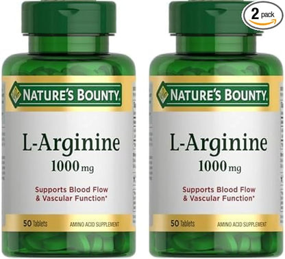 Nature's Bounty L-Arginine 1000mg for Supporting Blood Flow and Vascular Function – Non-GMO, Gluten Free, 50 Tablets (Pack of 2)