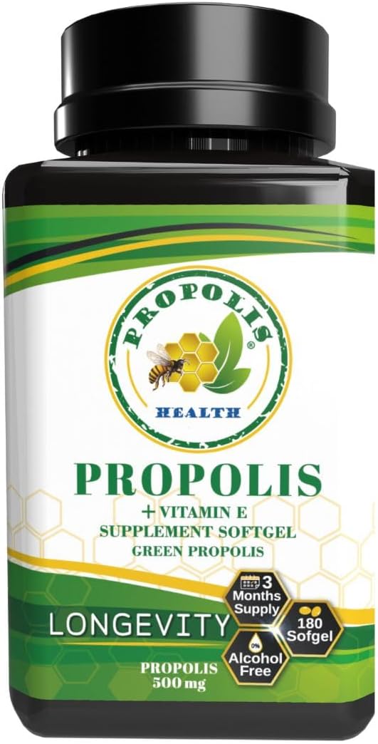 Propolis Health Propolis Capsules 1000mg-Daily with Vitamin E Per 2 Capsules - Brazilian Green Propolis Extract - Immune Booster 50 Days Supply Propolis Capsules (180 Capsules)