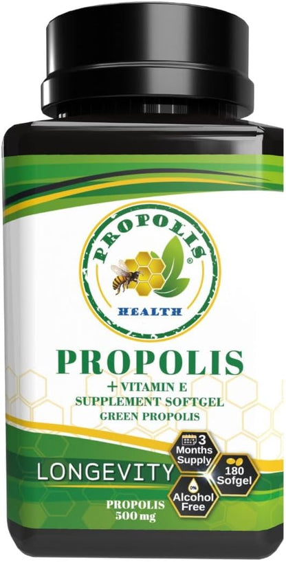 Propolis Health Propolis Capsules 1000mg-Daily with Vitamin E Per 2 Capsules - Brazilian Green Propolis Extract - Immune Booster 50 Days Supply Propolis Capsules (180 Capsules)