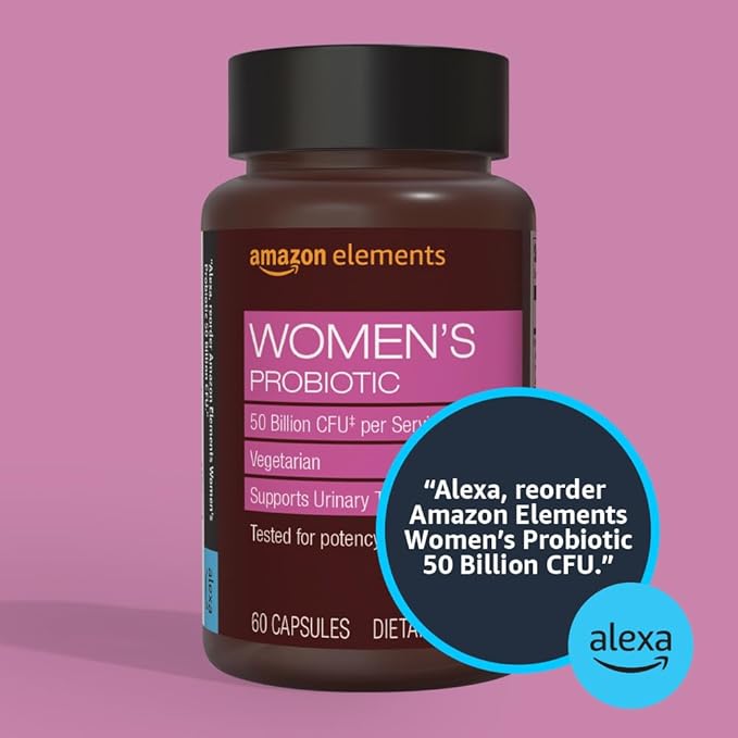 Amazon Elements Women's Probiotic 50 billion CFU per serving, vegetarian, Supports Urinary Track and Vaginal Health, 60 capsules
