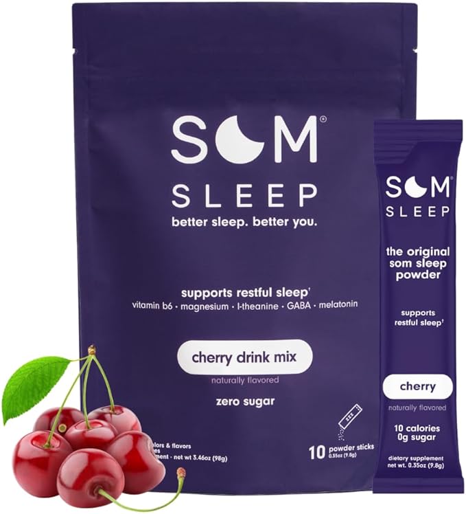 Som Sleep, Restful Sleep Powder Drink Mix w/Melatonin, Magnesium, Vitamin B6, L-Theanine & GABA – Vegan, Zero Sugar, Keto Friendly – Cherry, 10-Pack