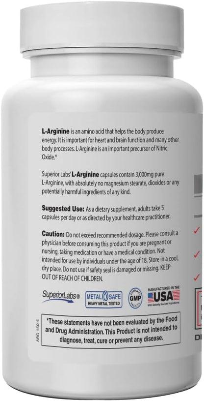 Superior Labs – Pure L-Arginine – Free Form – Optimal 3,000mg Dosage – 150 Vegetable Capsules – Supports Vasodilation, Energy Production and Cardiovascular Health