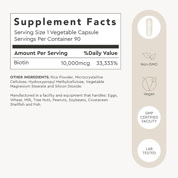 Alaya Naturals - Biotin 10,000mcg, 90 Capsules - Supports Healthy Hair, Skin & Nails